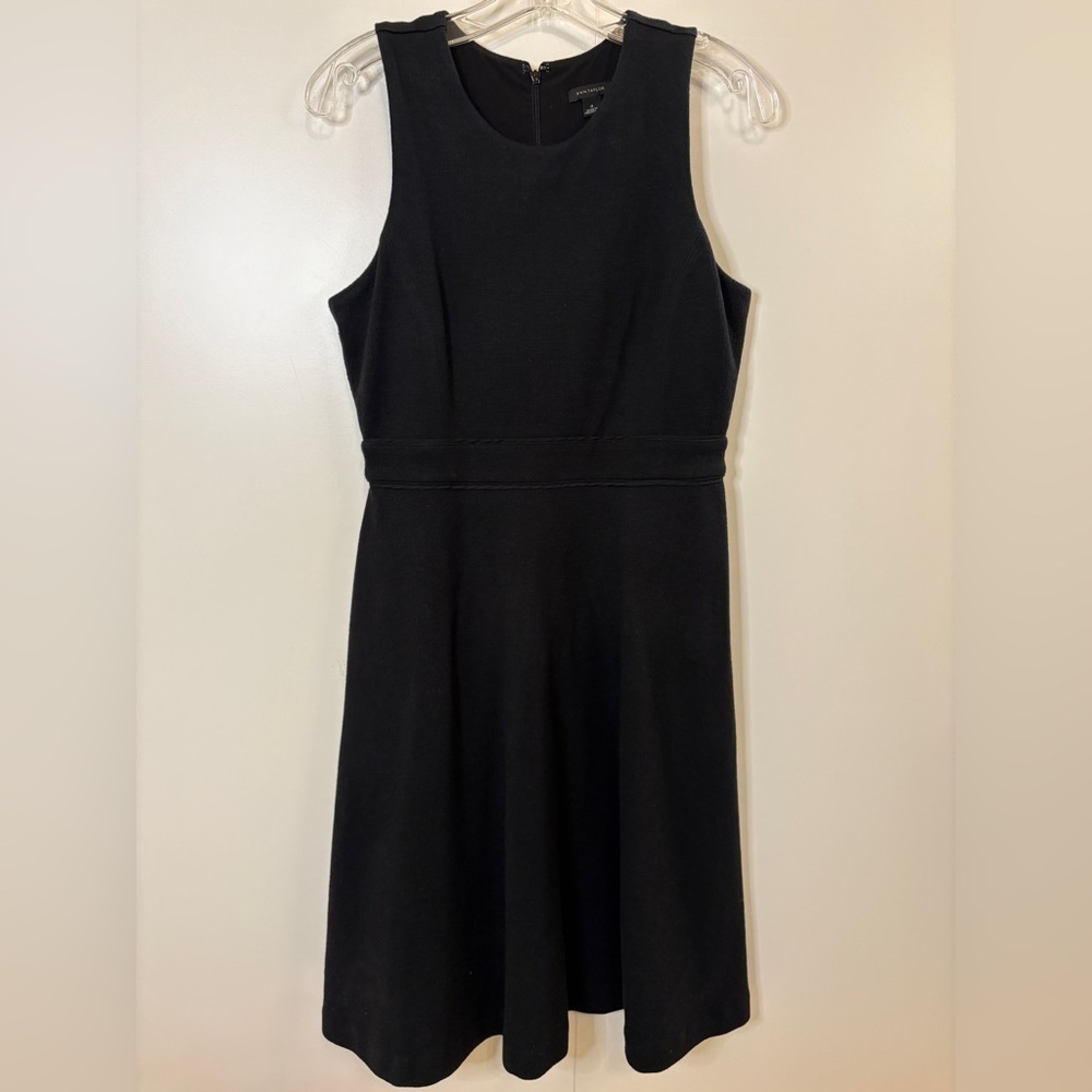 Ann Taylor Classic Black Midi Textured Cotton Sleeveless Dress with Swing Skirt